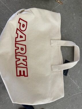 Large Parke Cream Canvas Tote Bag with Red Logo